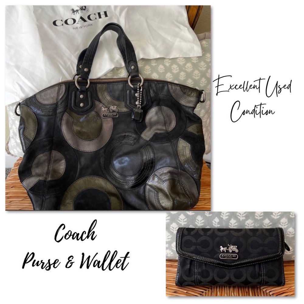 Coach Handbag Tote & Wallet Set- Black/ Silver Bag- 17”(L) x 12”(H) Approx.